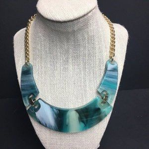 NY Statement Bib Necklace Turquoise Blue White Marbled Gold Chain Retro Acrylic
